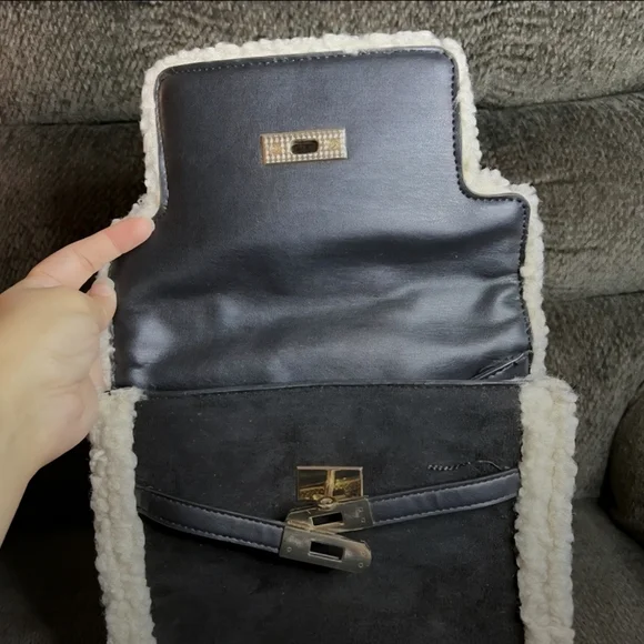 Badgley Mischka Black Fur Border Satchel - Picture 5 of 7